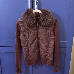Style & Co. Chocolate Puffer Jacket with Faux Fur Trim